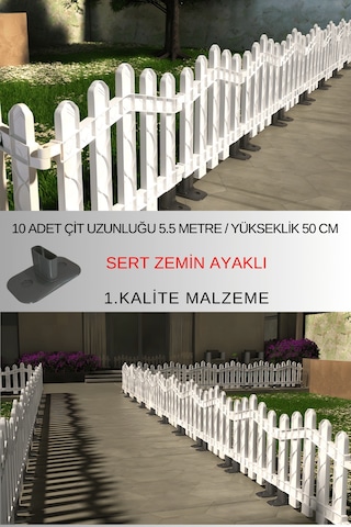 Dekoratif Plastik Alan Oluşturma Ve Bahçe Çiti 10 Adet Çit Y: 50 Cm / G: 5.5 M Sert Zemin Ayaklı - Beyaz