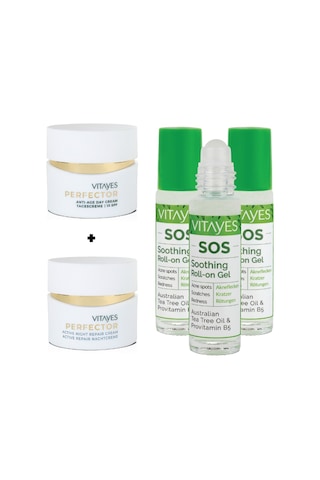 Vitayes Perfector Canlandırıcı Gündüz Kremi SPF15 50 ML + Gece Kremi 50 ML + Sos Çay Ağacı Özlü Onarıcı Roll-On Serum 3 x 10 ML