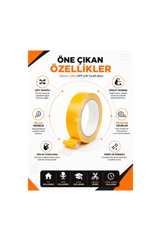 24 Mm X 20 M Opp Çift Taraflı Bant Güçlü Yapışkanlı Şeffaf Montaj Ve Hobi Bandı