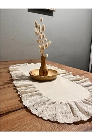 Oval Fırfırlı Naturel Ham Keten Fisto Runner Bej 35 x 65 CM