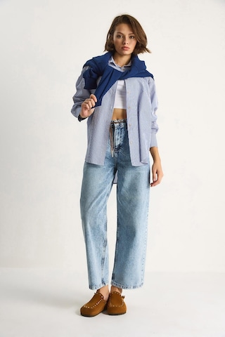 Shade Kadın Geniş Paça Yüksek Bel Deri İp Kemerli Denim Pantolon 5288 60284109 - Kar Yıkama