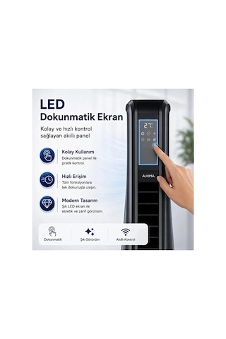 Turbo Smart Akıllı Fan Led Ekranlı Kumandalı 90 Hareketli Serinletici Soğutucu Kule Tipi Vantilatör
