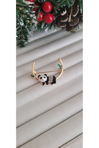 Pirinç Sallanan Panda Broş Altın