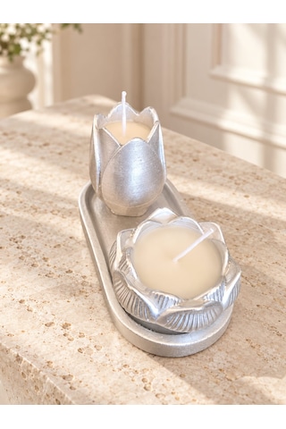 Altın Renk Lale Ve Lotus Çiçeği Mumluk Seti, 2 Li Dekoratif Polyester Mumluk Ve Oval Tepsi Gümüş