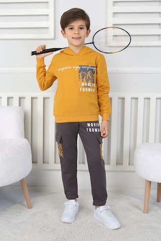 Moving Forward Kargo Cep Kapüşonlu 2 İplik Şardonlu Alt-üst Erkek Çocuk Eşofman Takımı Hardal