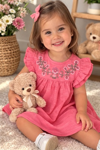 Uğur Bebe Cigit %100 Pamuk Nar Çiçeği Renk Kız Bebek Tunik Nakışlı Yazlık Şık Rahat Günlük Nar Çiçeği Nar Çiçeği