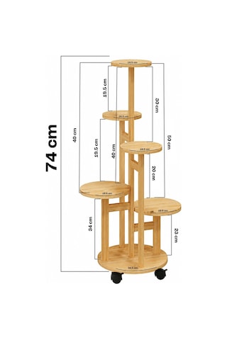 Ahşap 5 Katlı Tekerlekli Çiçeklik Saksılık Dekoratif Daire Model Bitki Rafı