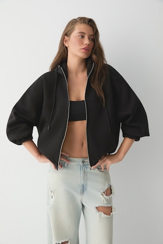 ETHIQUET VA IT Kadın Çift Cepli Eteği Ve Kol Ucu astikli Fermuarlı Oversize Siyah Sweatshirt