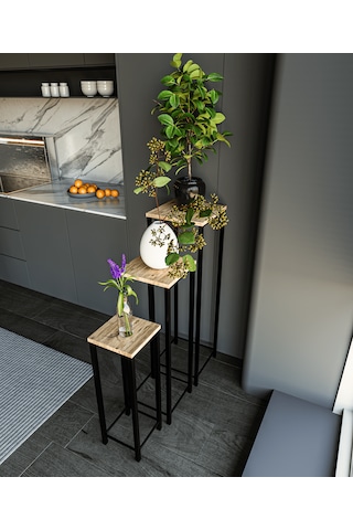 Dekoratif Saksılık 3'lü Takım - Metal Ayaklı Saksı Standı Yan Sehpa Atlantik Çam