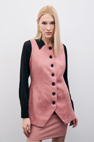 Sateen Düğmeli Uzun Süet Yelek - Pudra-135509 Pudra
