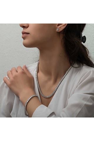Gümüş 2.5 Mm Beyaz Taşlı Su Yolu Kadın Set Çok Renkli