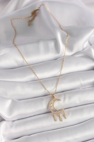 Gold Renk Zincir Zirkon Taşlı Hilal Model Sallantı Yaprak Detay Kadın Kolye - Ebj241228w30258 Bakır