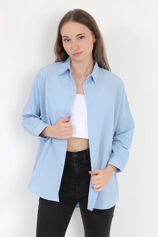 Giysa Kadın Buz Mavi Uzun Kollu Basic Pamuklu Oversize Gömlek - 3900 Mavi
