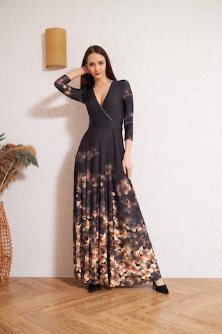 Darlin Moda Siyah Kruvaze Kahverengi Çiçek Desenli Abiye Elbise Dm1013