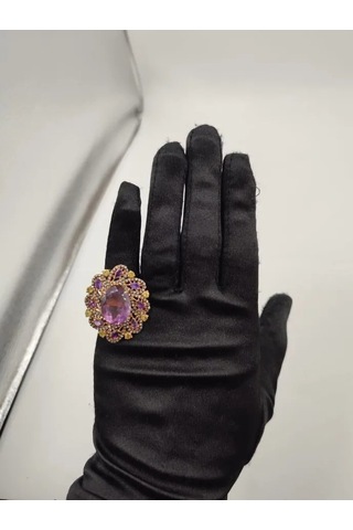 925 Ayar Gümüş Ametist Elmas Yüzük 256 Altın