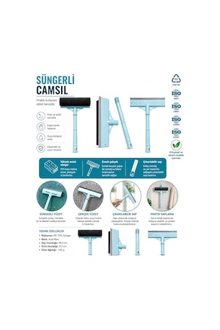 Süngerli Camsil Cam, Ayna, Fayans Ve Duşakabin Temizleme Aparatı Ergonomik Saplı Çekçekli Cam Silme Aparatı, Açık Mavi Çok Renkli