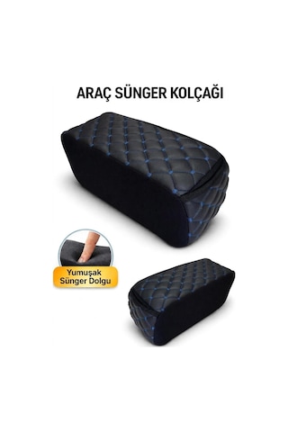 Lüks Oto Kolçak Kol Dayama Koltuk Arası Organizer Cepli Vidasız Montaj Siyah Deri Ve Mavi Dikiş