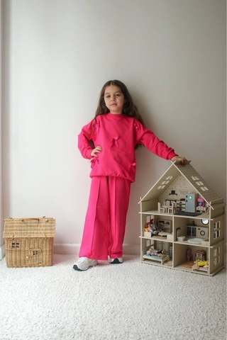 Jeliboomkidswear Kız Çocuk Kurdele Detay 3-10 Yaş 2 İplik Günlük Eşofman Takımı Pembe
