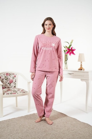 Estiva Önden Düğmeli Puantiyeli Fitilli Polar Bayan Pijama Takım Pembe