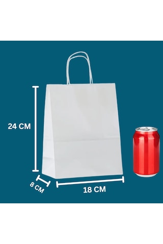 Büküm Saplı Kağıt Poşet Çanta 8x18x24 Cm Hediye Ve Alışveriş Çantası, 25 Adet, Beyaz Renk Tüm Yaşlar