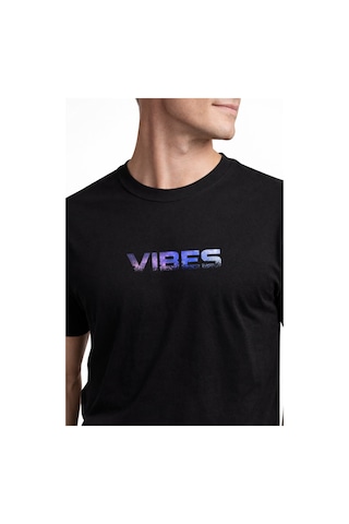 Vibes Typography Baskılı Unisex Tişört %100 Pamuk Oversize Bisiklet Yaka Günlük T-shirt Siyah