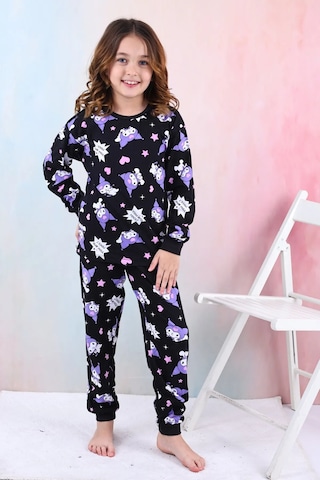 Kuromi Desenli Kız Çocuk Pijama Takımı Pembe 3-8 Yaş Siyah