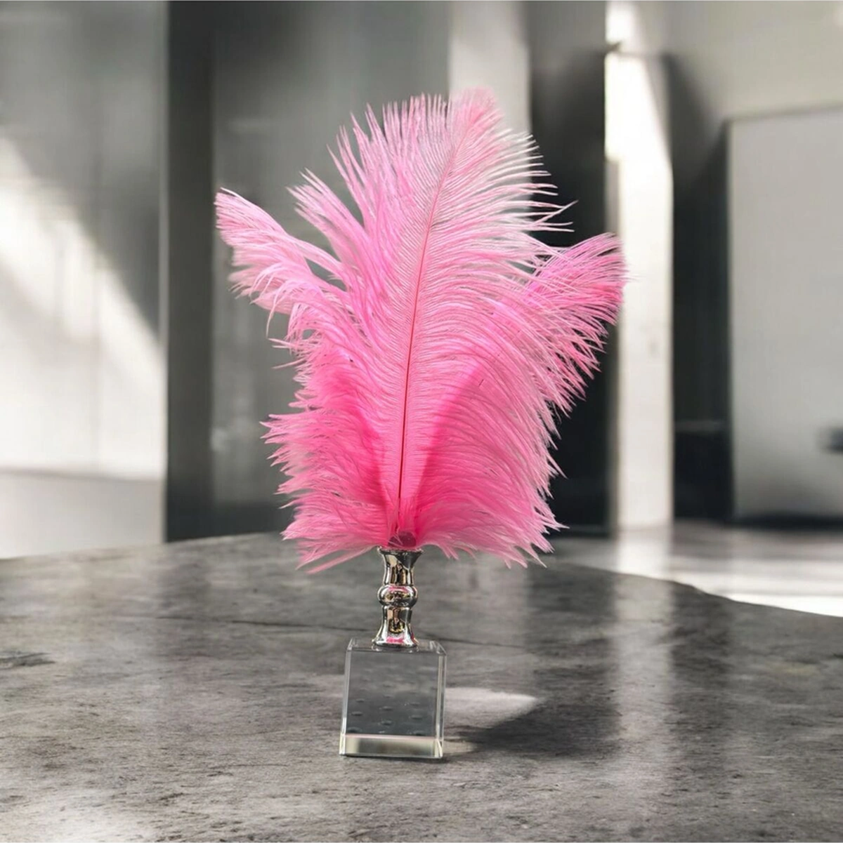 Dekoratif Küçük Boy Küp Kristal Cam Deve Kuşu Tüyü Açık Pembe Gümüş