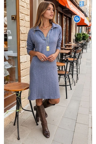Pasaklı Giyim Kadın Gri Polo Yaka Midi Uzun Kollu Fitilli Spor Triko Elbise Oversize Yb2988176 2988176