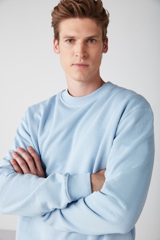 Grımelange Travıs Erkek Organik Kumaşlı Yumuşacık Regular Fit Yuvarlak Yakalı Mavi Sweatshirt
