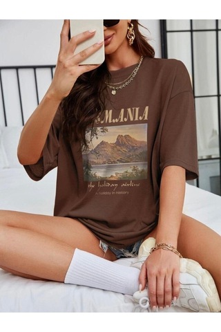 Flood Of Style Kadın Kahverengi Tasmania Baskılı Oversize T-shirt