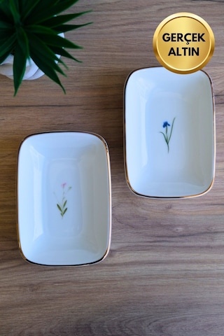Tabak Evi Porselen Natura Karma Altın Yaldızlı Dikdörtgen Kayık Tabak 14x9,8cm 2 Parça Çok Renkli