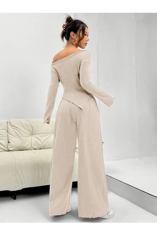 Kadın Uzun Kollu Omuzlardan Açık Asimetrik Kesim Kaşkorse Bluz Ve Pantolon Ikili Pantolon Bej