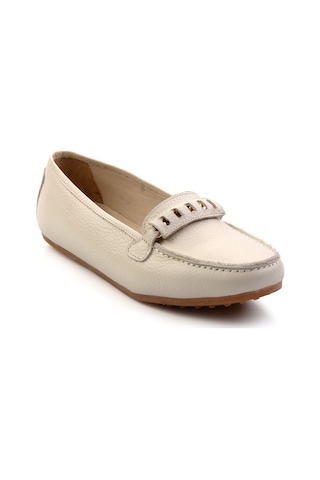Bambi Krem Hakiki Deri Kadın Loafer Ayakkabı K01087230403 Krem