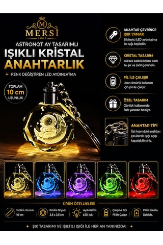 Astronot Ay Tasarımlı Işıklı Kristal Anahtarlık Renk Değiştiren Led Anahtarlık Şeffaf