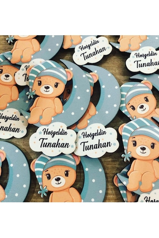 Ay Üstünde Oturan Erkek Ayıcık Ahşap Baskı Magnet 30 Adet