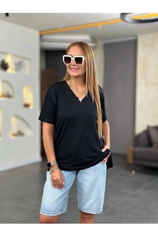 Defymoda Kadın Kısa Kollu V Yaka Bluz Siyah