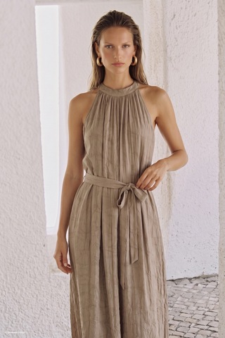 Sateen Kuşaklı Elbise - Camel-137744