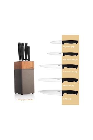 Schafer Solide Standlı 6 Parça Bıçak Seti Ahşap Takozlu Gri