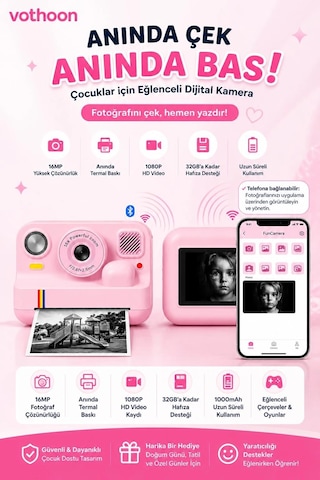Çocuk Anında Baskılı Fotoğraf Makinesi 16mp Dijital Kamera 1080p Video Wifi Telefon Destekli