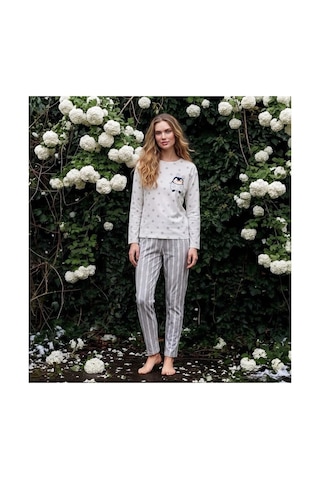 Pijamoni Kadın Sofya Kumaş Bisiklet Yaka Pijama Takımı Desenli Beyaz