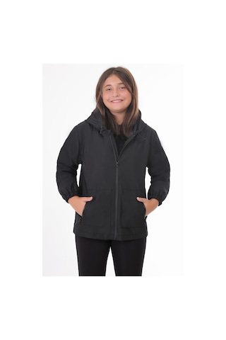 Kız Çocuk Siyah İçi Astarlı Su Ve Rüzgar Geçirmez Kapüşonlu Çift Fermuarlı Cepli Yağmurluk Siyah