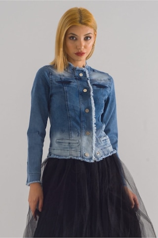 Bold & Young Kadın Yağ Yeşili Power Strech Çıt Çıtlı Slim Fit Denim Ceket mavi