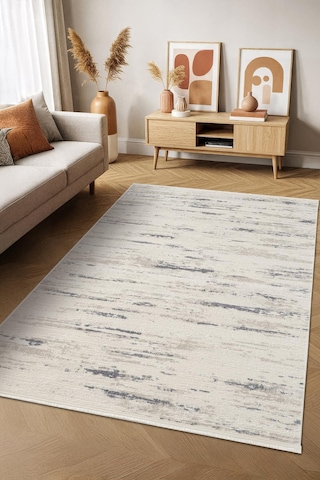 Icon Ic001m Krem Modern Lacivert Desen Akrilik Pamuk Tabanlı Salon Koridor 4 Mevsim Halı-745 Krem