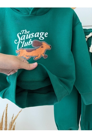 Magu Çocuk Pamuklu Köpek Baskılı Yeşil Kapüşonlu Sweatshirt Ve Eşofman Altı Takımı Çok Renkli