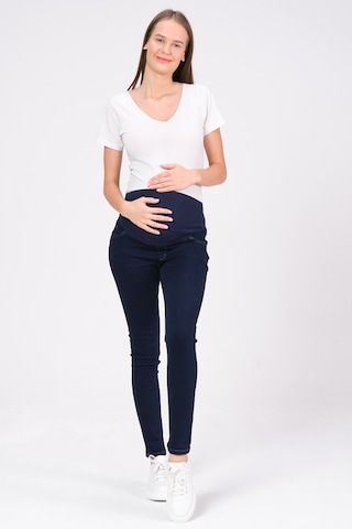 Busa Hamile Esnek Karın Bantlı Skinny Termal Kot Pantolon Mavi-mavi