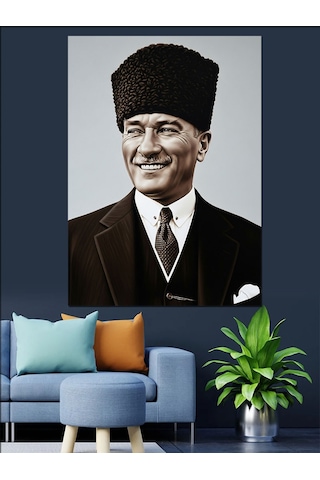 Atatürk Gülümseyen Siyah Beyaz Dekoratif Kanvas - Mdf Ahşap Tablo