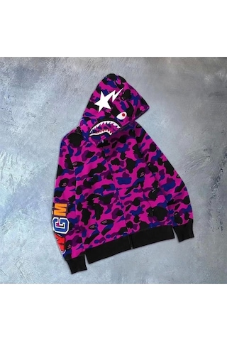 Unisex 2 İplik Bape Kapüşonu Fermuarlı Hırka - Mor Mor