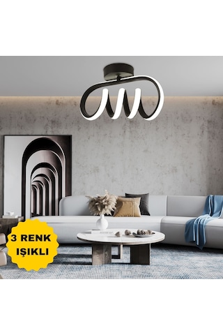 Burgu Siyah Tavana Sıfır 3 Renk Işıklı Led Avize Siyah