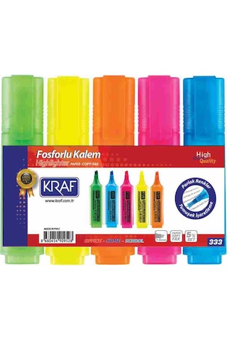 Kraf 333 Fosforlu Kalem 5'li Set Çok Renkli
