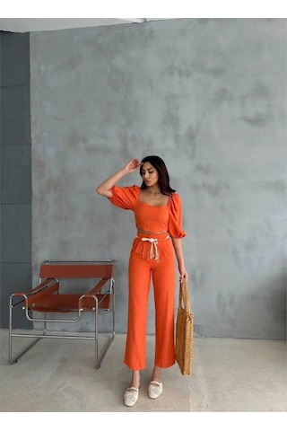 Keten Crop Karpuz Kol Bluz-pantolon Hasır Kemerli - Orange Orange